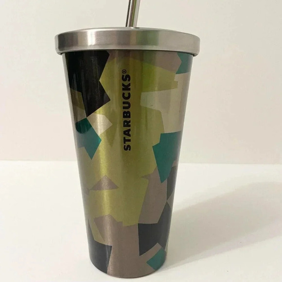 Starbucks 2014 Stainless Steel 16oz Camo Tumbler Cup With Stainless Steel Straw - Picture 13 of 16